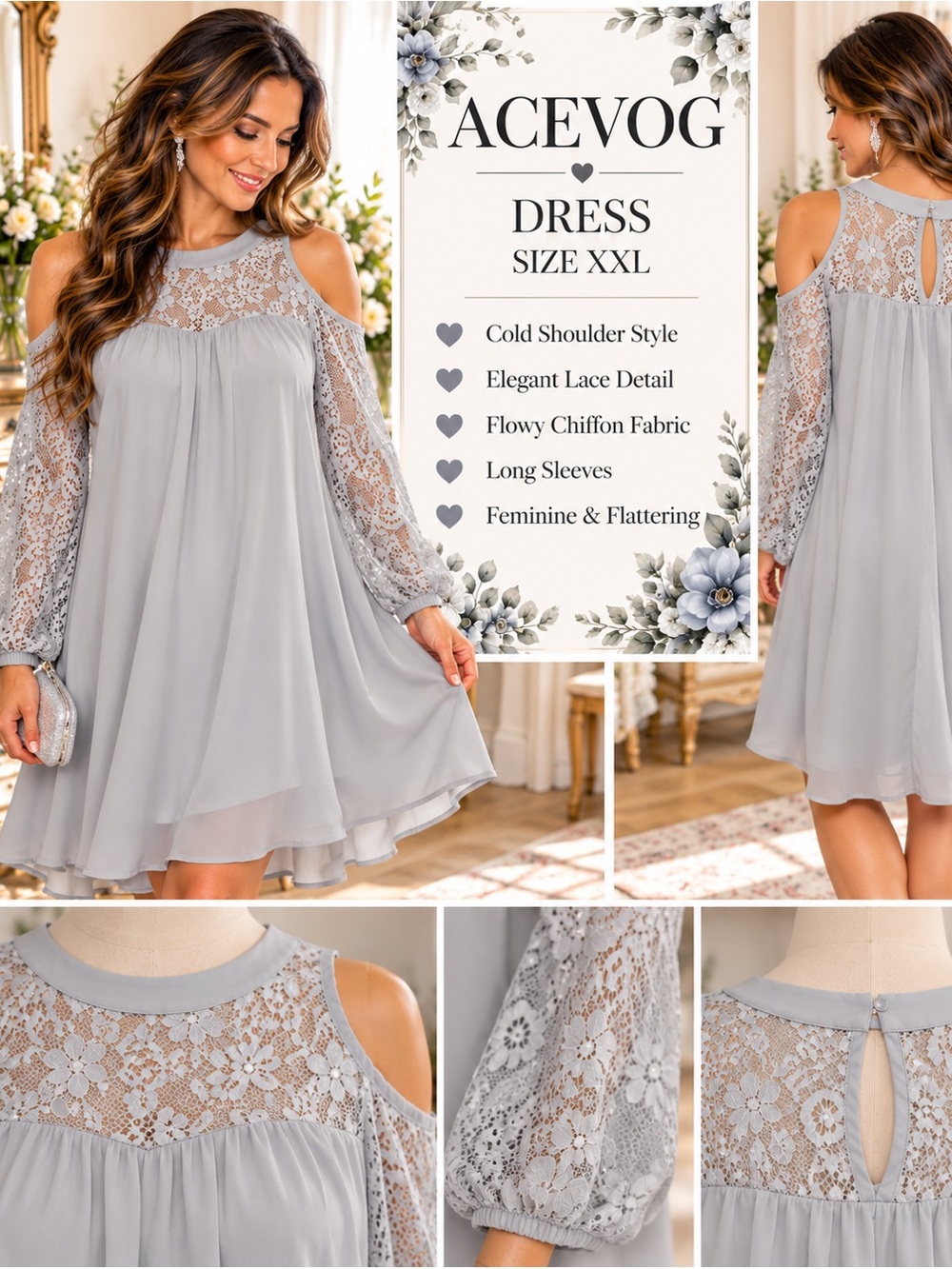 Acevog Light Gray Cold-Shoulder Lace Chiffon Mini Dress
